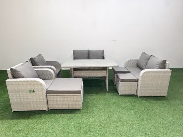Fimous 9 Seater Rattan Garden Furniture Set with Reclining Love Sofa, Rectangular Dining Table and 3 Stools, Light Grey