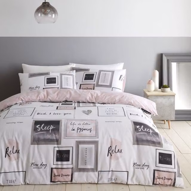 Catherine Lansfield Sleep Dreams Reversible Cotton Duvet Cover Bedding Set in Pink and Grey