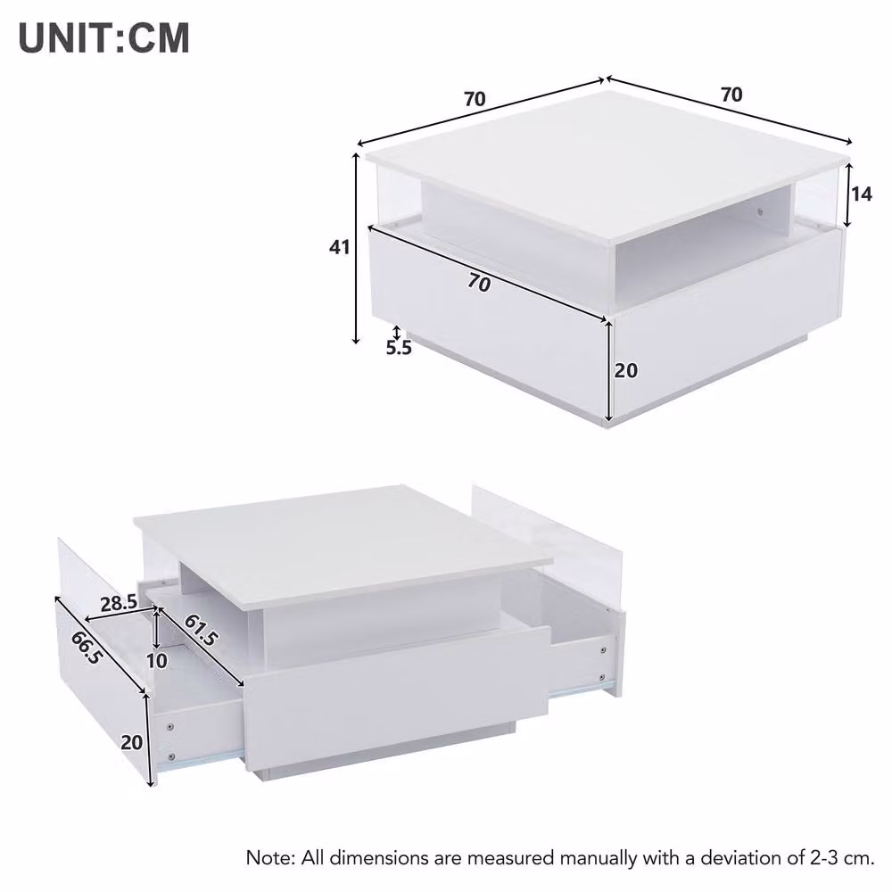 STILVORA Square Coffee Table with 2 Drawers and LED Lighting in White – 3