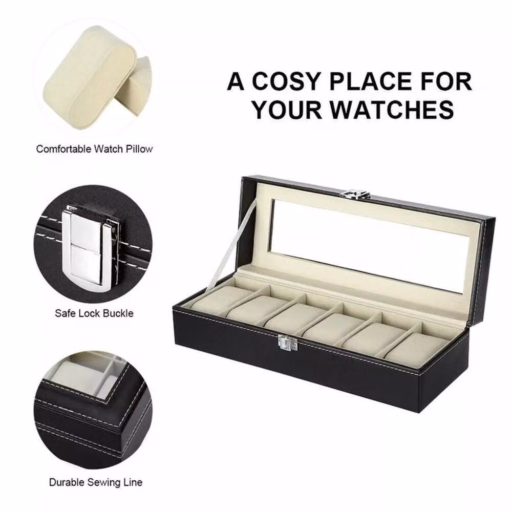 NESTLUNE 6-Grid PU Leather Watch Box for Women's Watch Collection in Black – 3