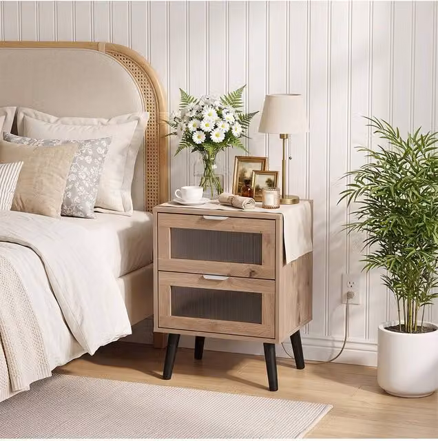 Living and Home Modern Dual-Drawer Bedside Table in Sand and Brown – 1