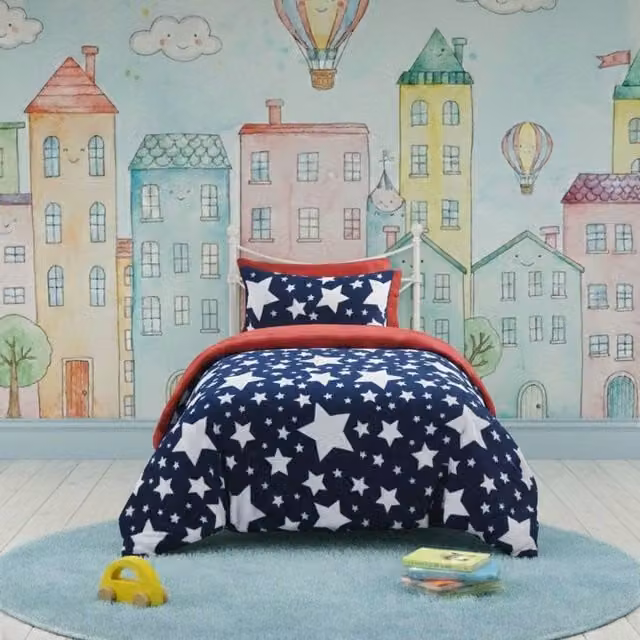 Snug City Stars Kids Teddy Duvet Cover and Pillowcase Set in Blue, Single (90 x 200 cm)