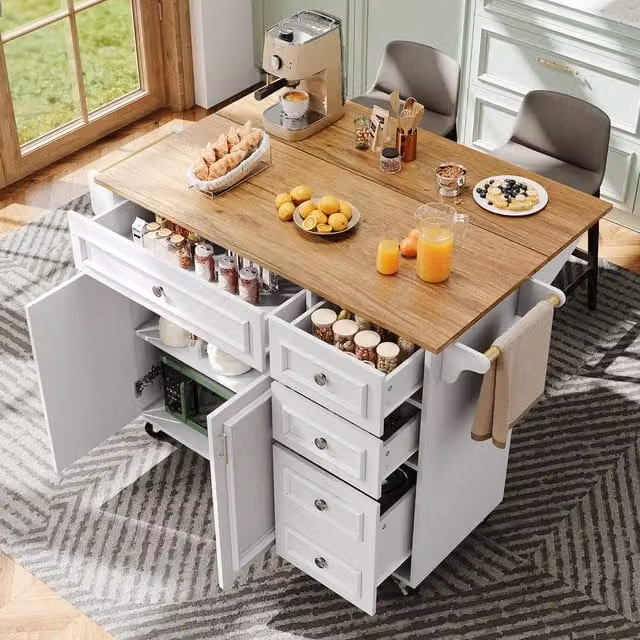Rolipo White Foldable Kitchen Island Serving Trolley with Storage Cabinet and Vintage Matt Finish