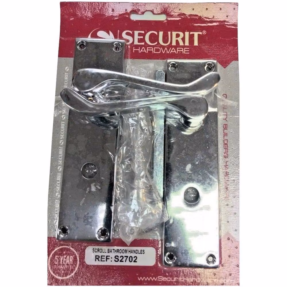 Securit Chrome Scroll Bathroom Handles, 1 Pair, Silver Metal Long Backplate Set – 2