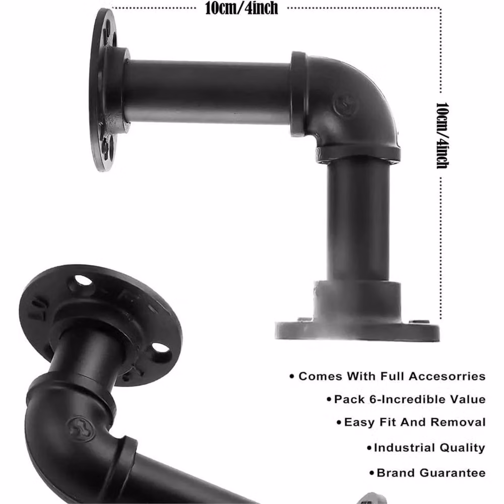 VOGREX Set of 4 Industrial Iron Pipe Wall Mounted Shelf Brackets in Matt Black – 3
