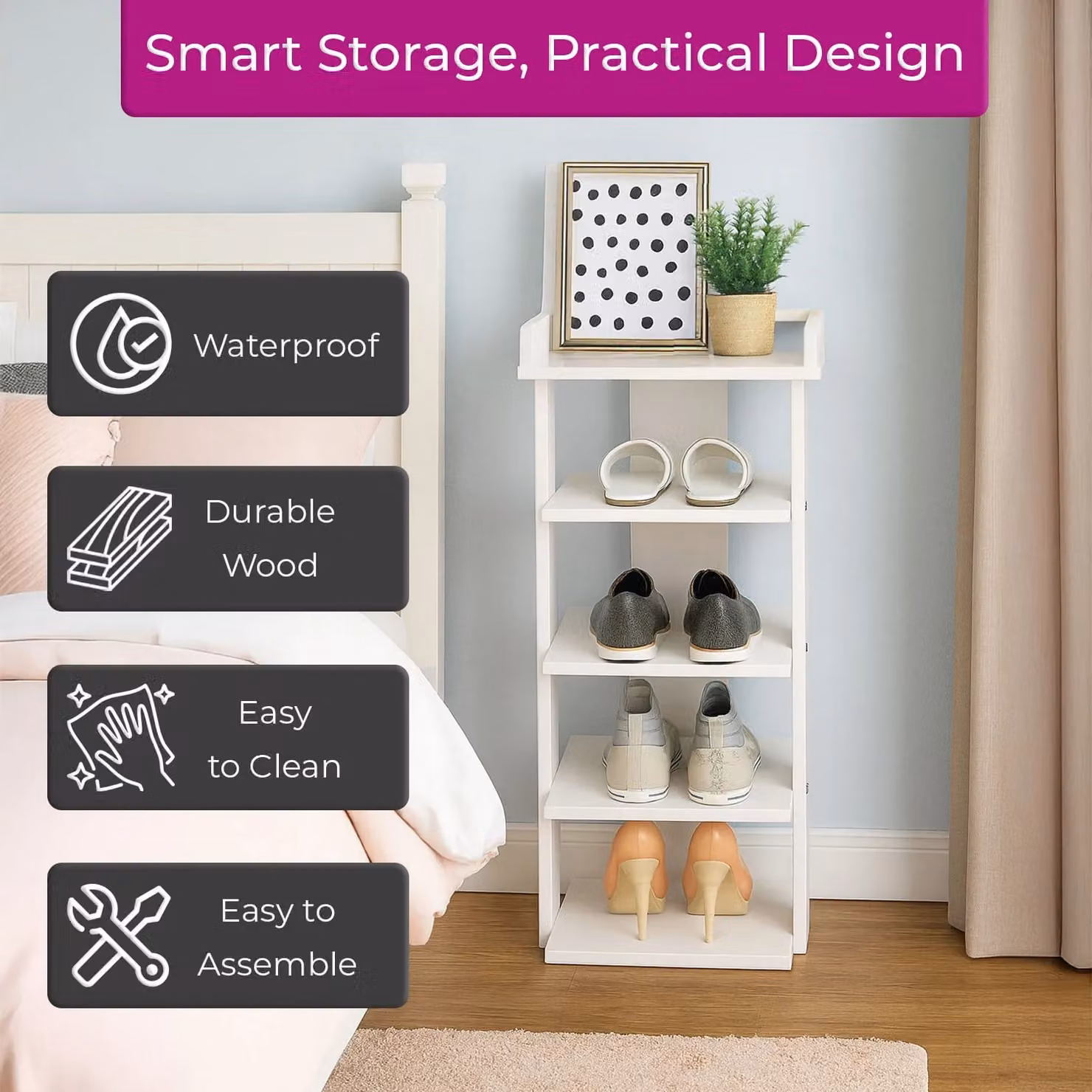 Neo 5 Tier White Wooden Shoe Rack Storage – 2