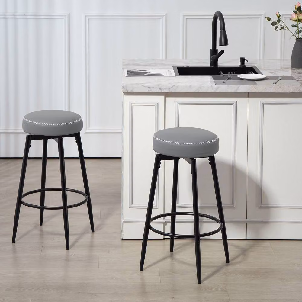 STILVORA Set of 2 Grey Faux Leather Swivel Bar Stools with Metal Base – 8