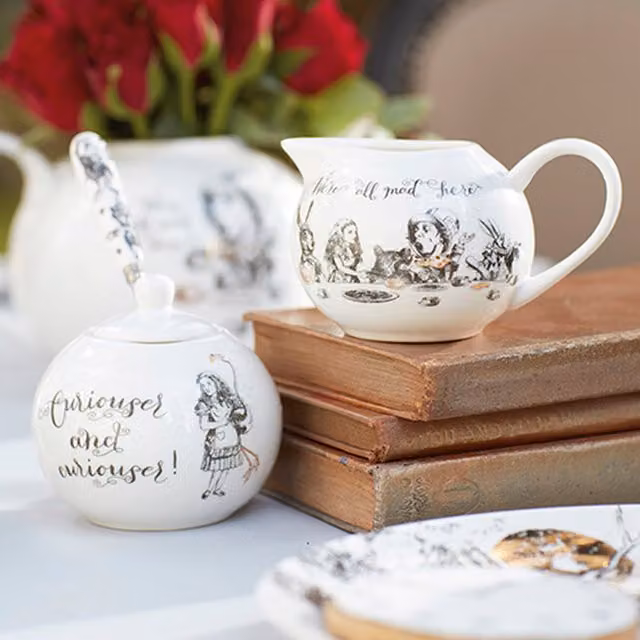 Victoria And Albert Alice In Wonderland Ceramic Sugar Bowl and Creamer Set in White, Black and Gold