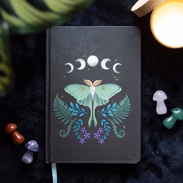 KDMK Luna Moth Mystical A5 Hardcover Lined Notebook with Gold Foil Edges and Bookmark in Green