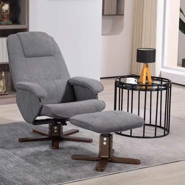 HOMCOM Grey Fabric Swivel Recliner Chair with Ottoman and Solid Wood Base