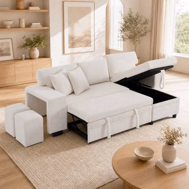 STILVORA L-Shape Convertible Sofa Bed with USB Charging and Storage in Beige