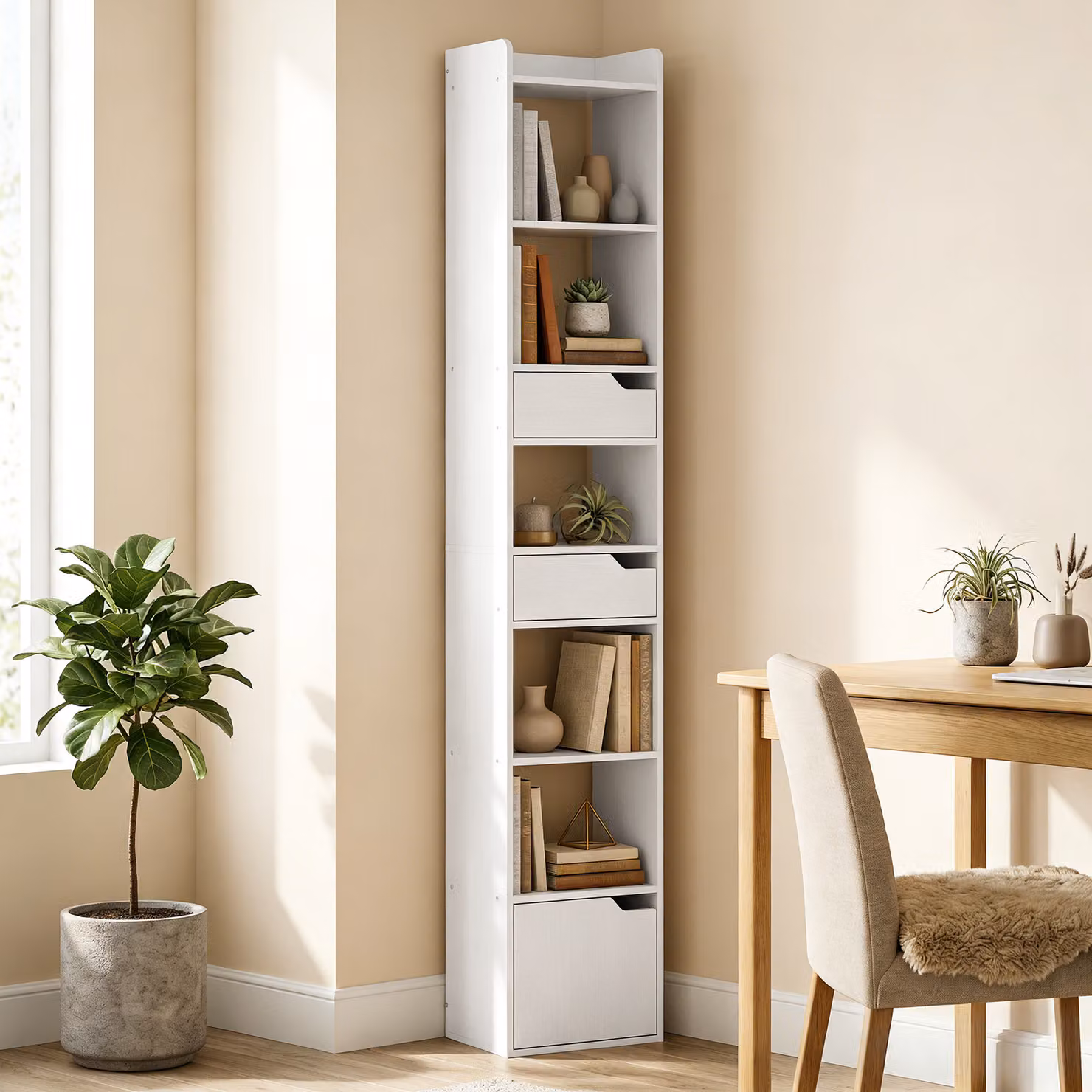 HOMCOM Tall Narrow 5-Tier Bookcase with Drawers, White Wood Effect Storage Cabinet – 2
