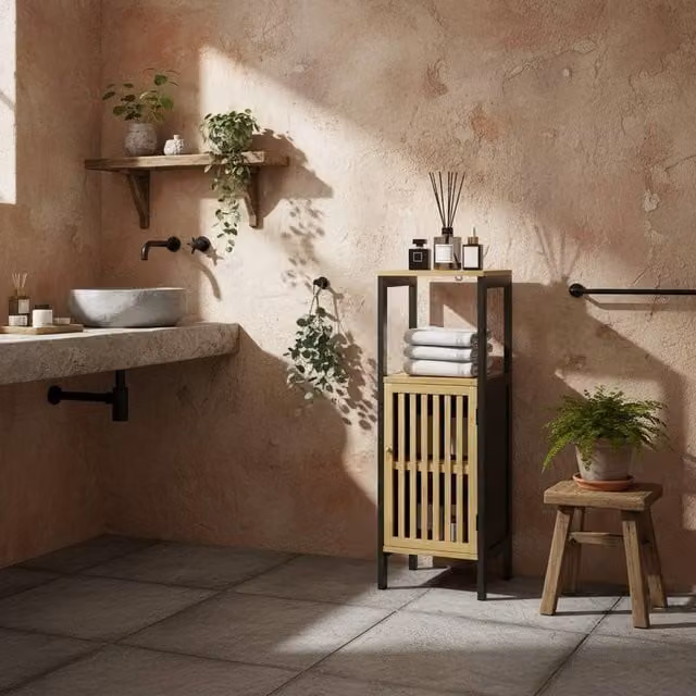 Wyld Haus Lettari Retro Bamboo Blend Bathroom Storage Cabinet, Black and Natural, H 90.5 x W 32.0 x D 30.0 cm – 1