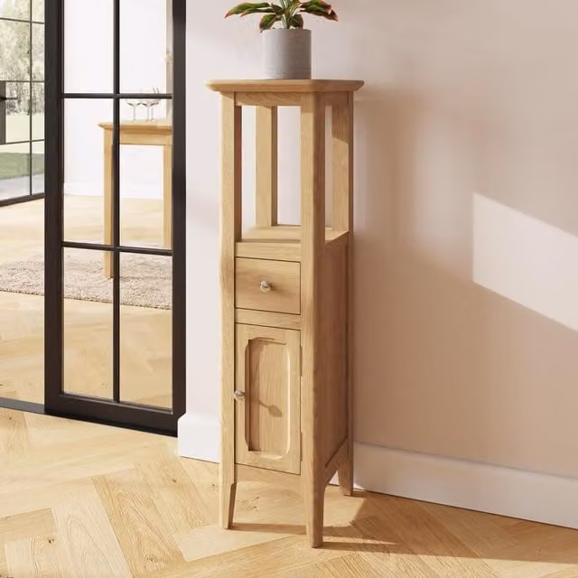 FWStyle Ready Assembled Ash Wood Tall Cabinet with 1 Door and 1 Drawer in Brown – 1