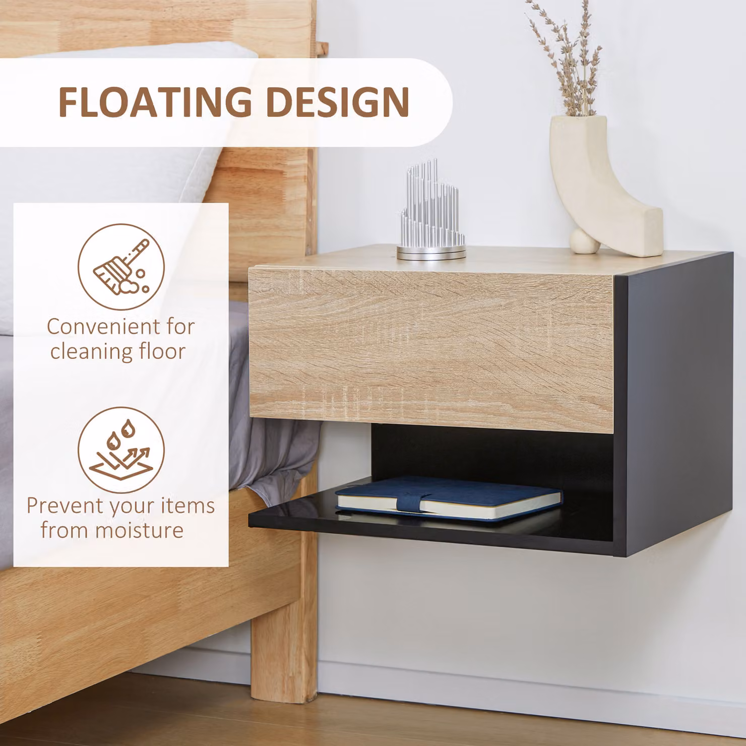 HOMCOM Set of 2 Floating Bedside Tables in Oak Tone, Wall Mounted Modern Nightstands with Drawer and Open Shelf, W: 46 cm, D: 30 cm, H: 30 cm – 4