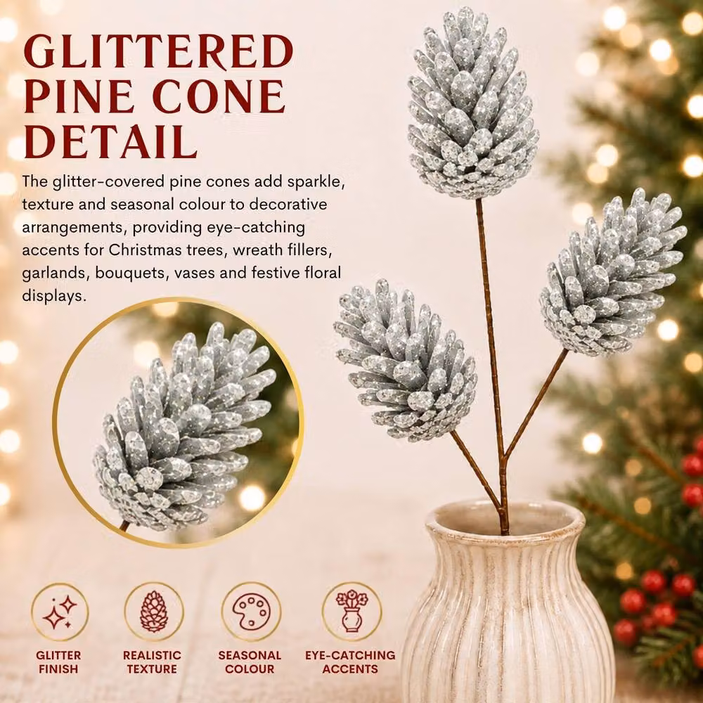Shatchi Glitter Silver Pine Cone Christmas Picks, 6 Pack, Height: 58 cm – 4