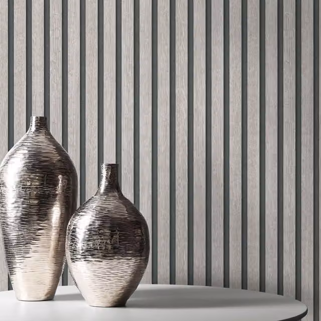 Erismann Grey Acoustic Panel Wood Slat Realistic Vinyl Wallpaper