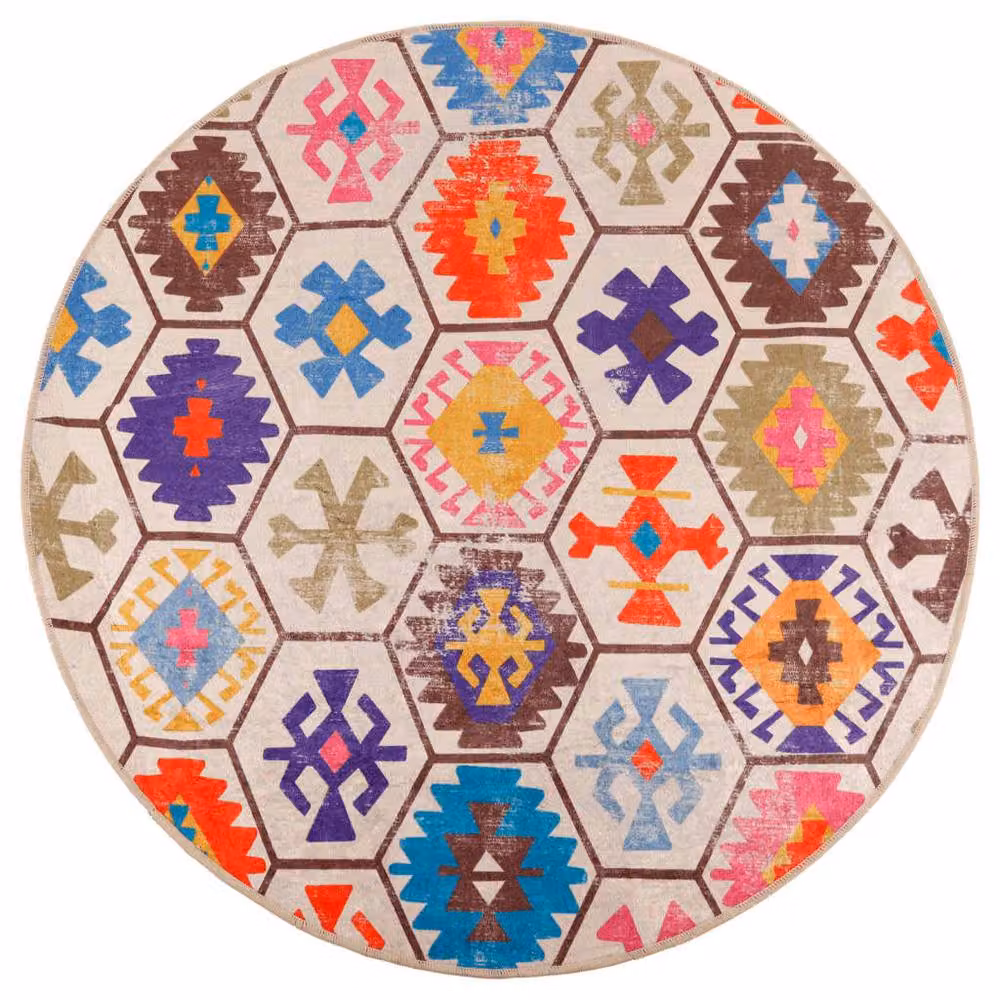 Berkfield Home Washable Multicolour Boho Round Anti Slip Rug, Diameter: 100 cm – 2