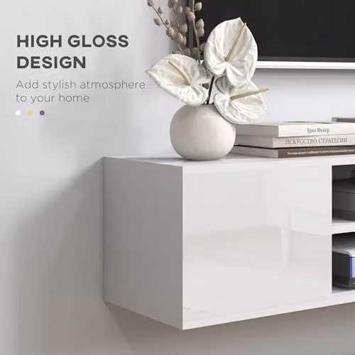 HOMCOM Modern Glossy White Floating TV Stand Cabinet with Open Shelf and Storage Cupboards, W/D/H: 140 x 30 x 30 cm – 5