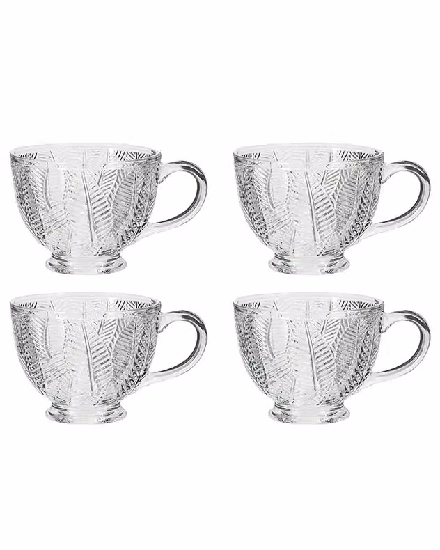 Dibor Set of 4 Vintage Embossed Botanical Design Glass Mugs, 400ml, Clear – 2