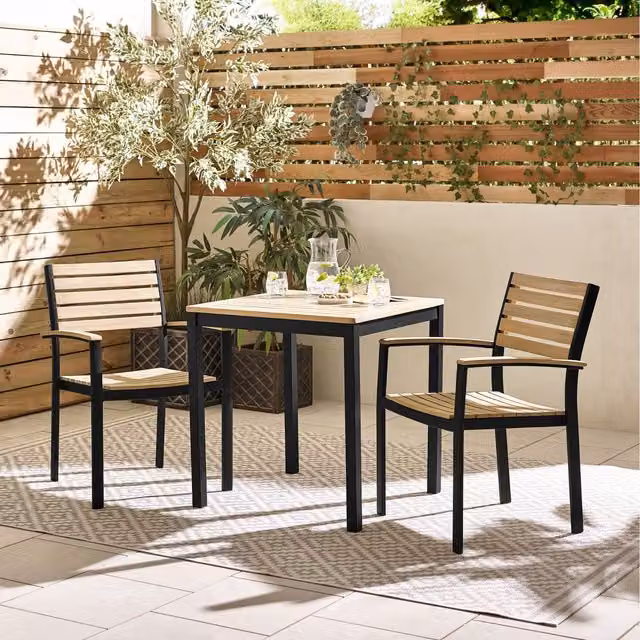 FurnitureboxUK Malva 2 Seat Outdoor Dining Set with Black Powder Coated Aluminium and Eucalyptus Wood
