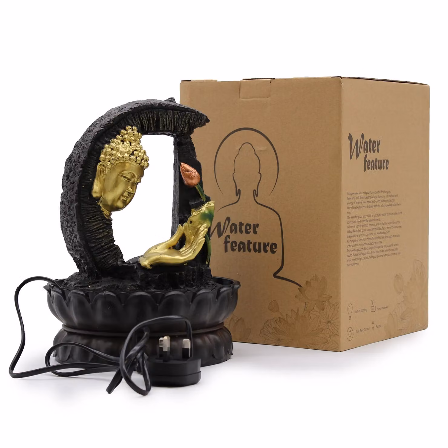KDMD Tabletop Water Feature with Golden Buddha and Lotus in Gold with LED Light, 30 cm – 2