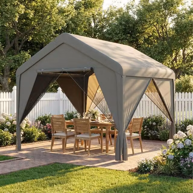 Outsunny Modern Gable Patio Gazebo with Netting and Curtains, Grey, W: 300 cm, D: 300 cm, H: 300 cm