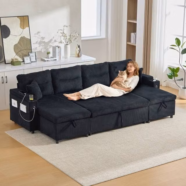 Rolipo Black 4-Seater Corduroy Sofa Bed with Reversible Dual Chaise, Storage, USB Charging and Cup Holders