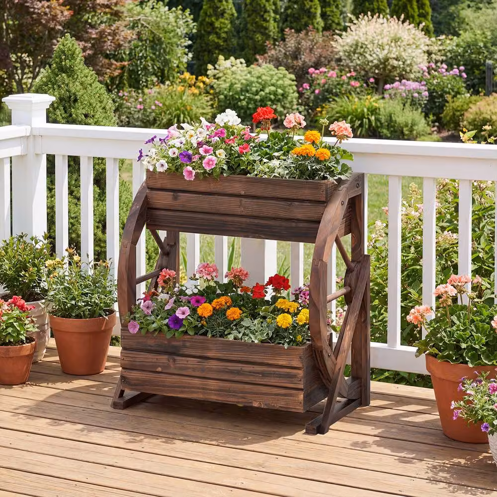 Costway 2-tier Rustic Wood Wagon Planter Raised Garden Bed with Drainage Holes in Brown – 9