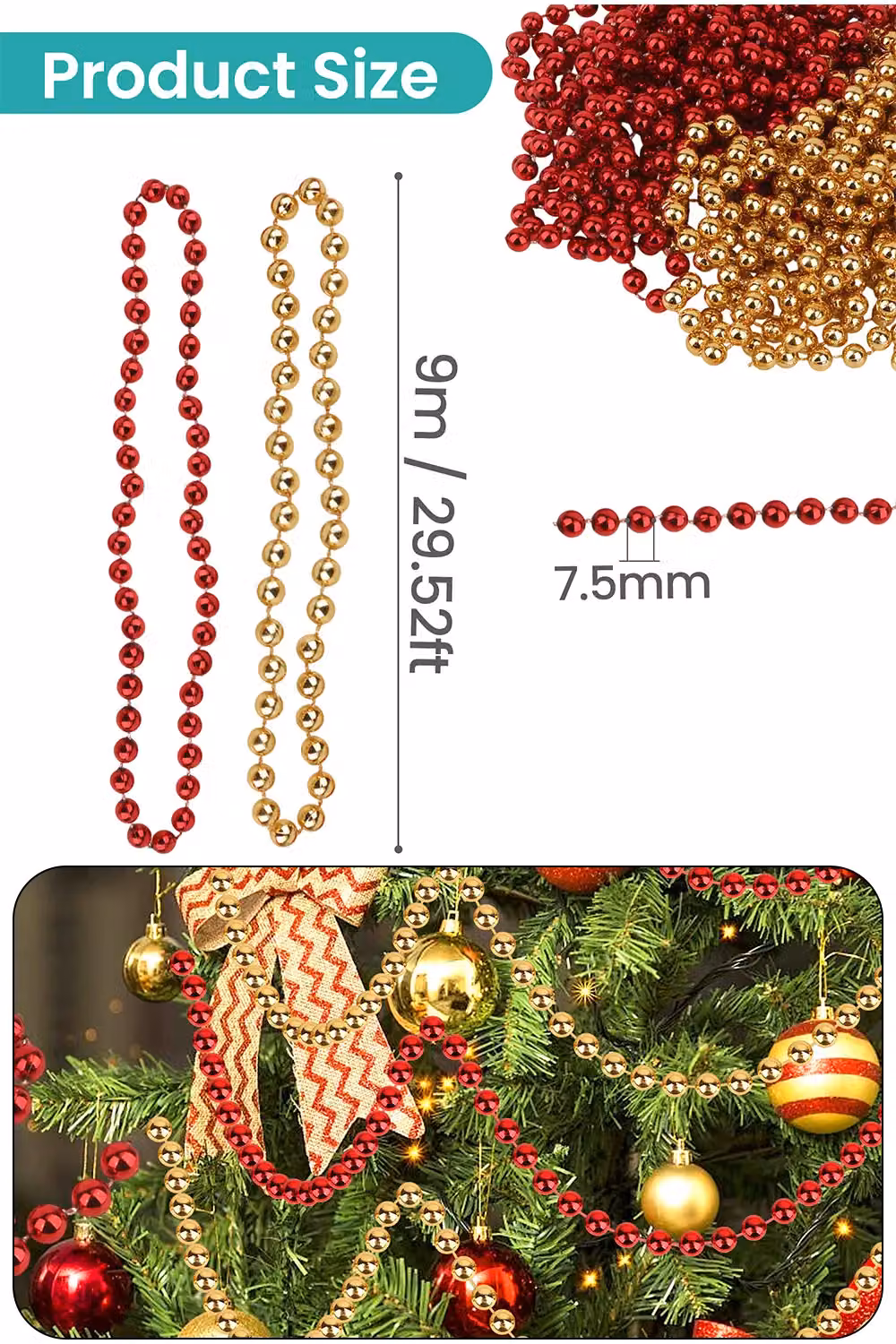 Neel Blue Red and Gold Christmas Metallic Bead Chain 7.5mm Pearl Garland – 2