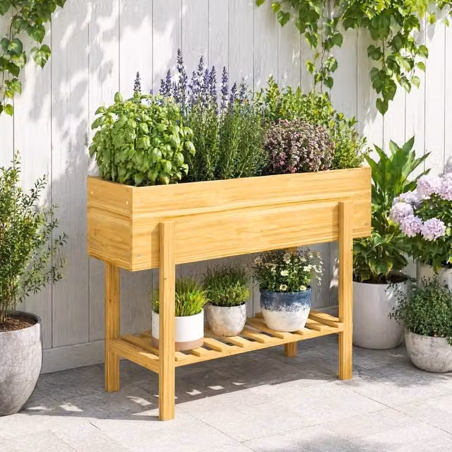 STILVORA Wooden Raised Planter with Shelf in Natural Brown, W: 100 cm, D: 30 cm, H: 35 cm – 1