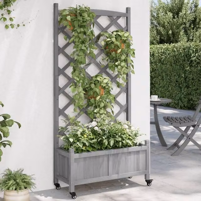 Berkfield Home Grey Solid Wood Fir Planter with Trellis and Wheels