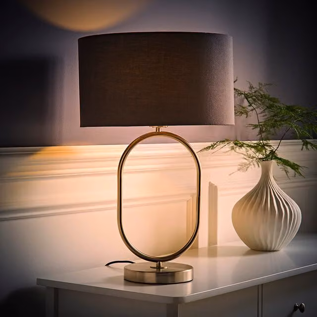 ValueLights Antonia Art Deco Oval Table Lamp in Brushed Chrome with Grey Fabric Drum Shade and LED Bulb