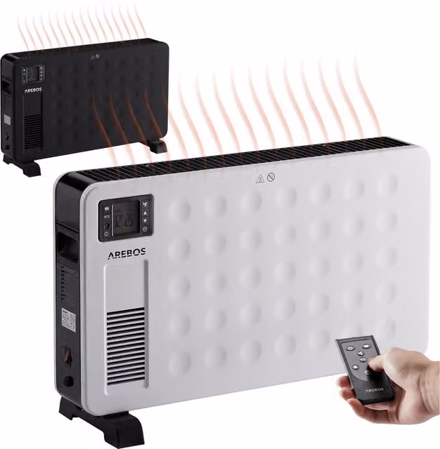AREBOS 2300W White Freestanding Convector Heater with Remote Control, Timer and Thermostat