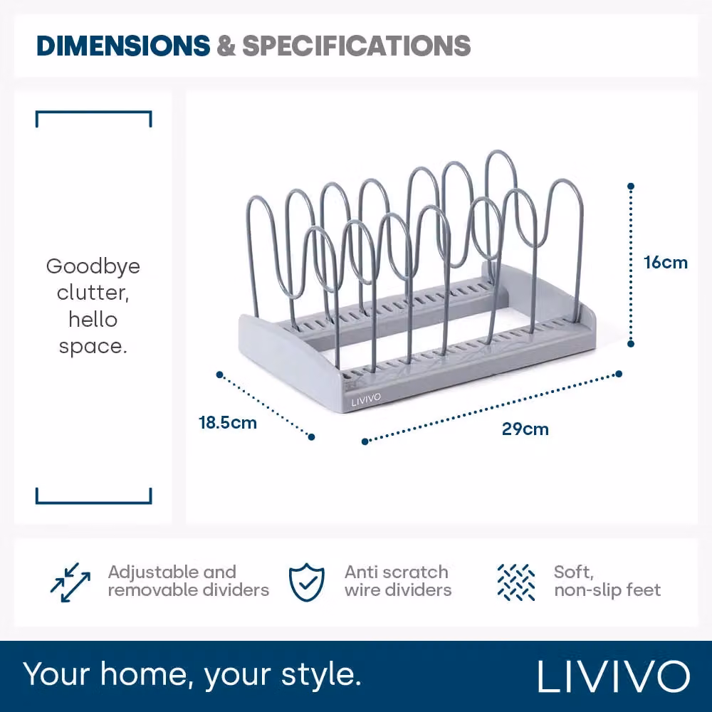 LIVIVO Adjustable Grey Metal Pan Lid Holder and Kitchen Storage Rack with Anti-Slip Dividers – 5