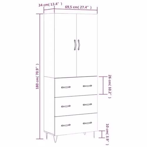 vidaXL Modern Highboard Storage Cabinet in Smoked Oak, W/D/H: 90.0 x 69.5 x 52.2 cm – 3