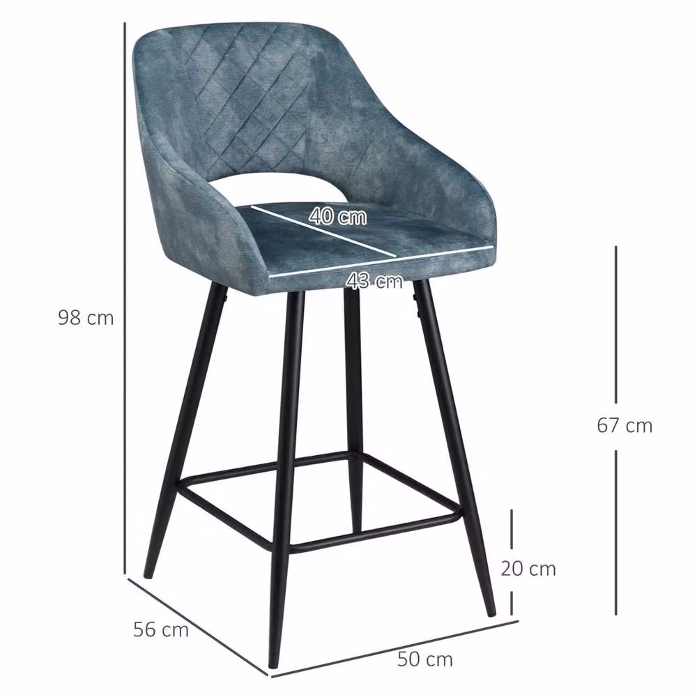 VOGREX Set of 2 Blue Velvet Counter Height Bar Stools with Metal Legs – 2