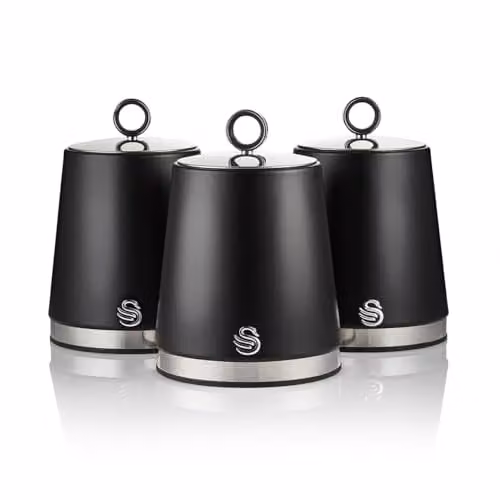 Swan Serenity Set of 3 Airtight Kitchen Storage Canisters for Tea, Coffee and Sugar, 1.3 l, Black