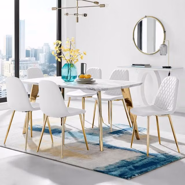 FurnitureboxUK Andria White Marble Effect Rectangular Dining Table with 6 Corona Gold Leg Chairs
