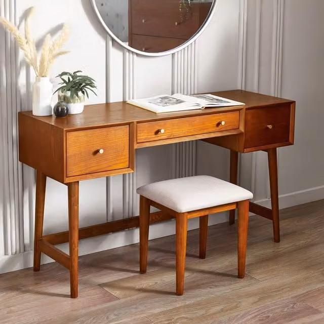 Julian Bowen Aron Retro Wood Dressing Table and Stool Set in Cherry and Ash with Gold, Black and Brown Finishes