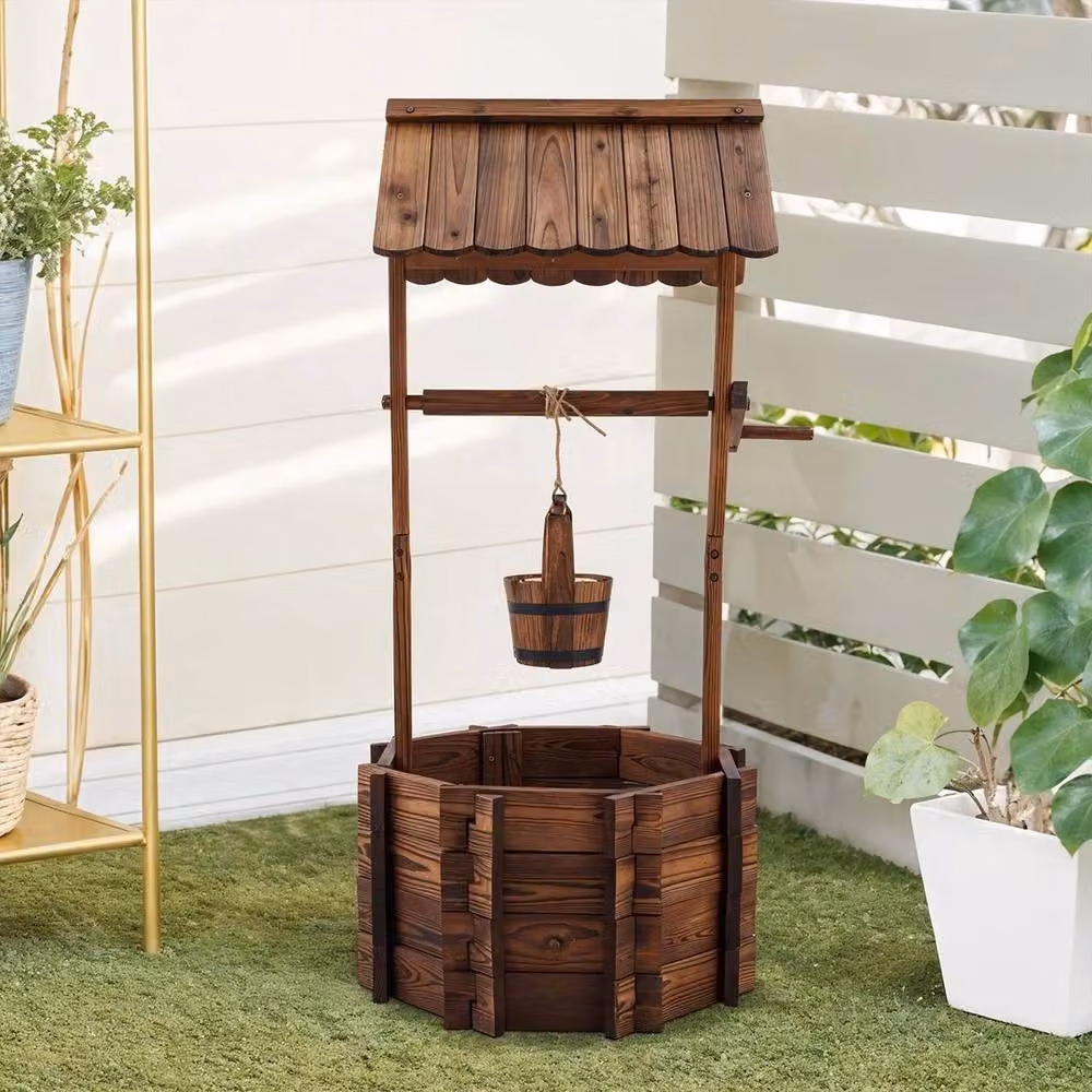 EONLION Brown Wooden Outdoor Wishing Well Planter – 3
