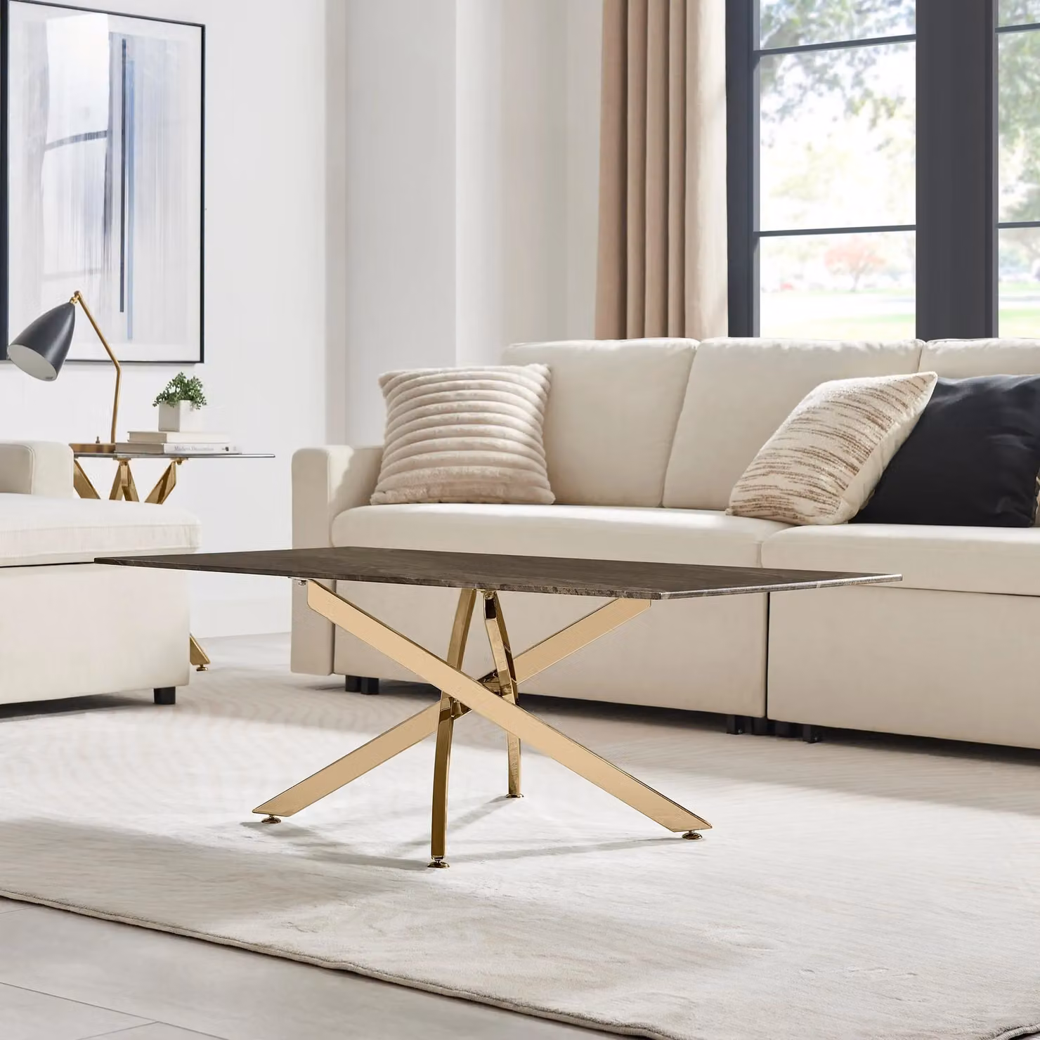 FurnitureboxUK Leonardo Rectangular Marble Effect Glass Top Coffee Table with Gold Metal Starburst Legs in Grey – 2