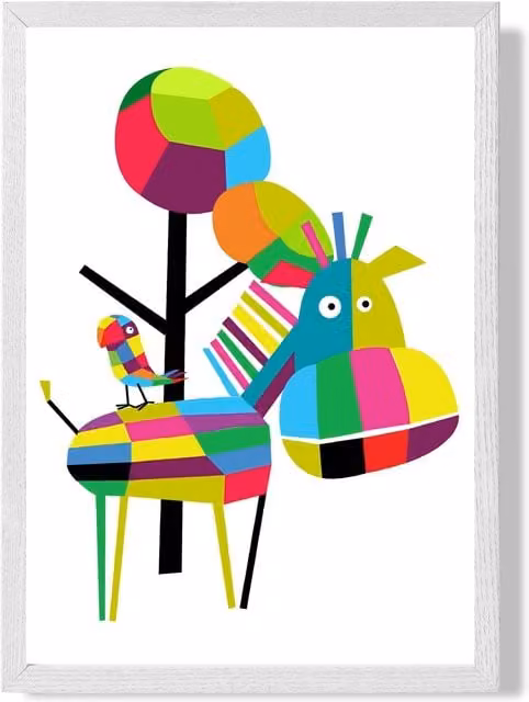 ARTZE Zebra Bright Geometric Animal Framed Print in Multicolour with White Frame, A2