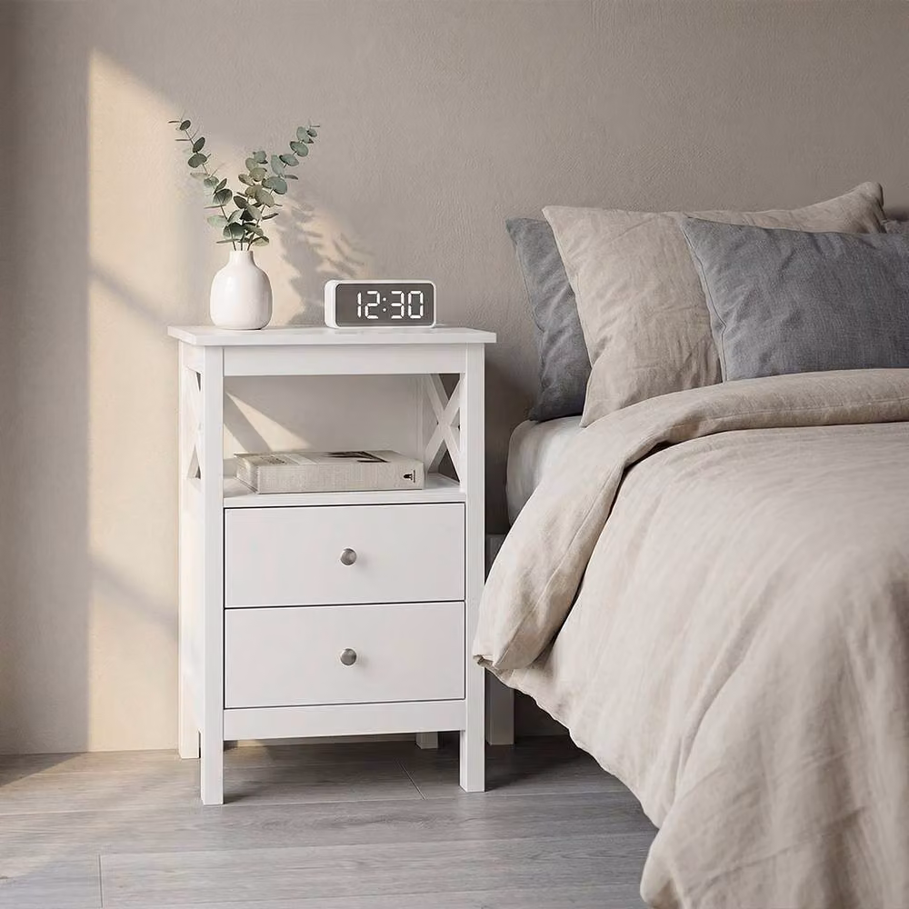 Levede White Wooden Bedside Table with 2 Drawers and Open Shelf, H 60 x W 40 x D 30 cm – 2