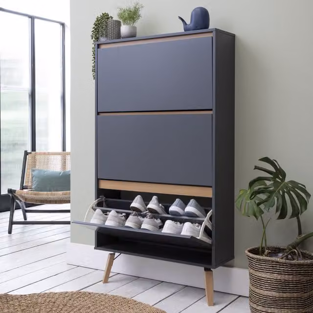 Otto Minimalist Pine Shoe Storage Unit in Grey with Roll Shutter Doors