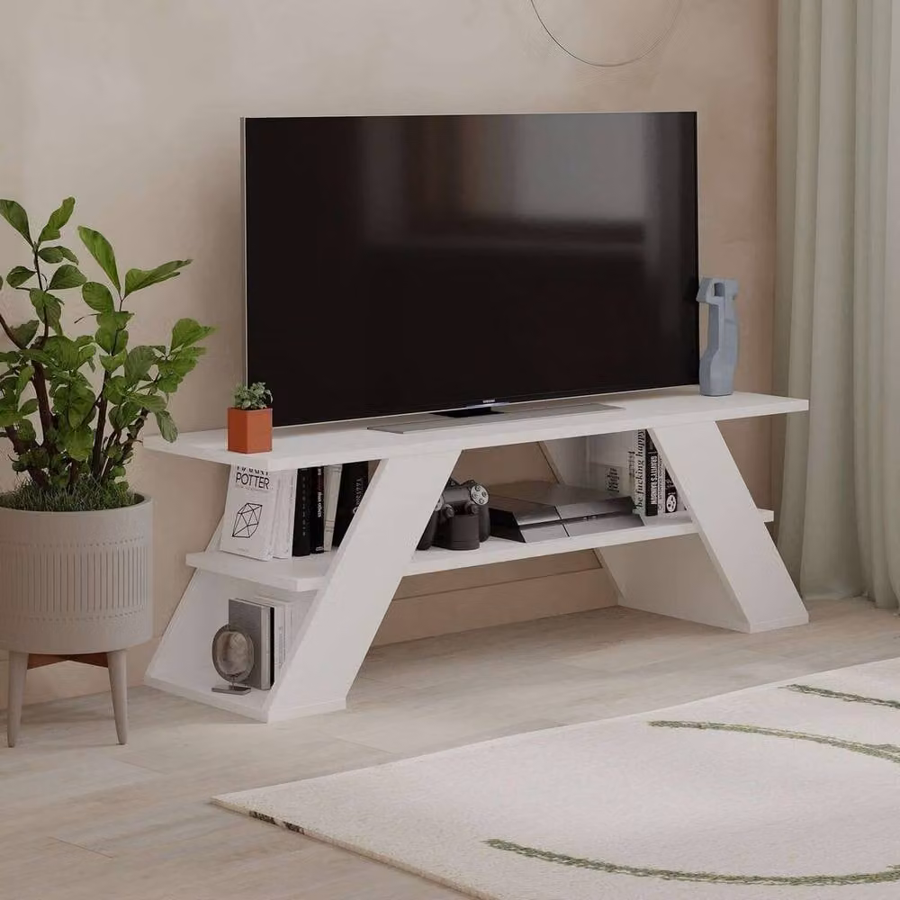 CALICOSY Modern White Wall Mounted TV Stand with 3 Shelves, W: 120 cm, H: 33.5 cm, D: 40 cm – 2