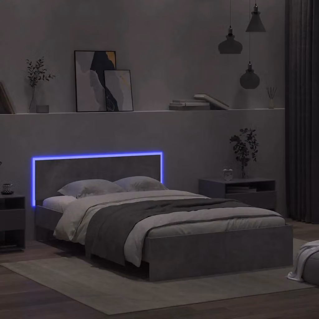 Berkfield Home Small Double Bed Frame with Headboard, LED Under-Bed Lighting and USB Charging Port, Concrete Grey, W/D/H: 120 x 200 cm – 2