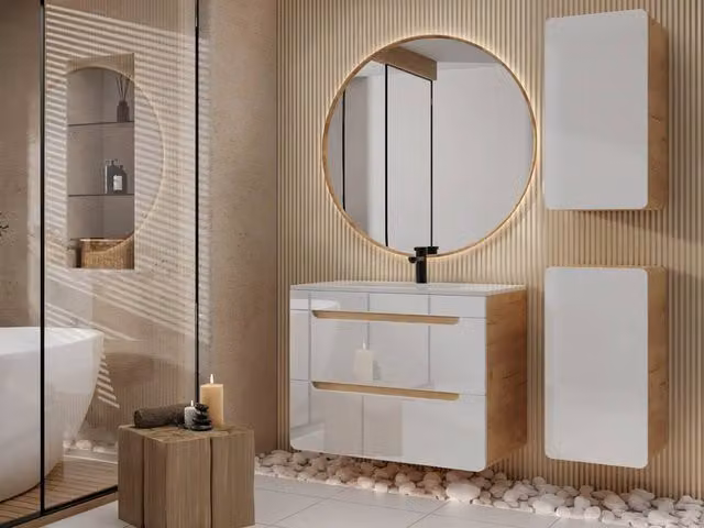 Vente-unique Modern White Glossy Suspended Bathroom Furniture Set with Vanity Unit and Two Tall Cabinets, W: 80 cm, D: 46 cm, H: 59 cm – 1