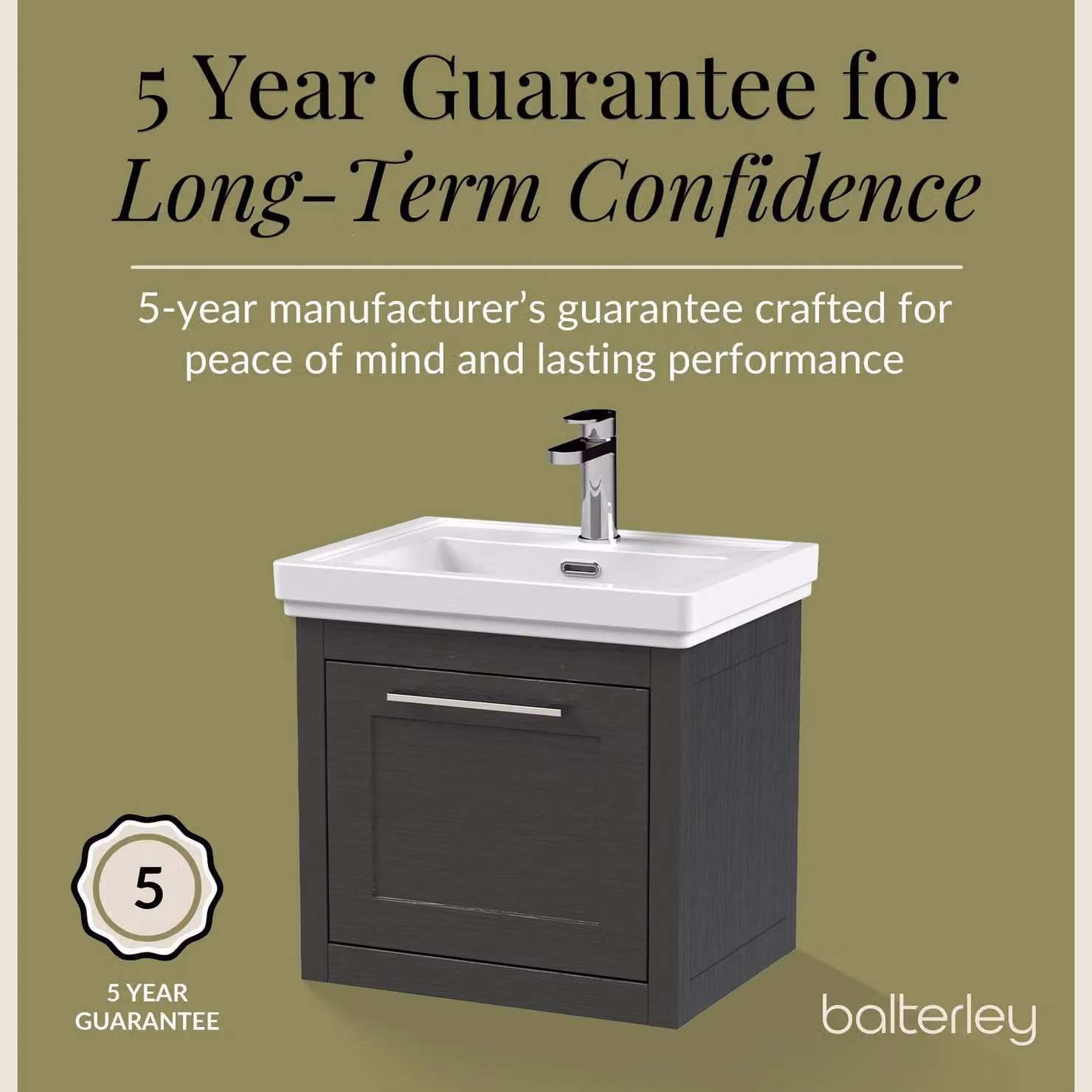 Balterley Wall Hung 1 Drawer Vanity Unit and 1TH Fireclay Basin, Dark Grey, Width: 50 cm – 5