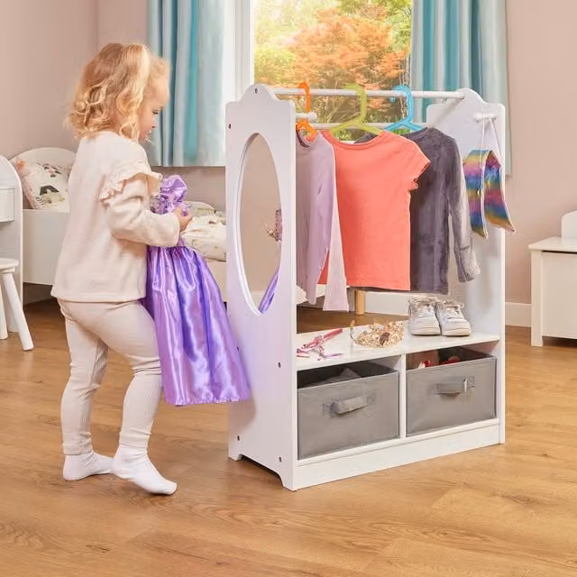 Liberty House Toys Modern White Wooden Childrens Dress Up Unit with Grey Storage Boxes